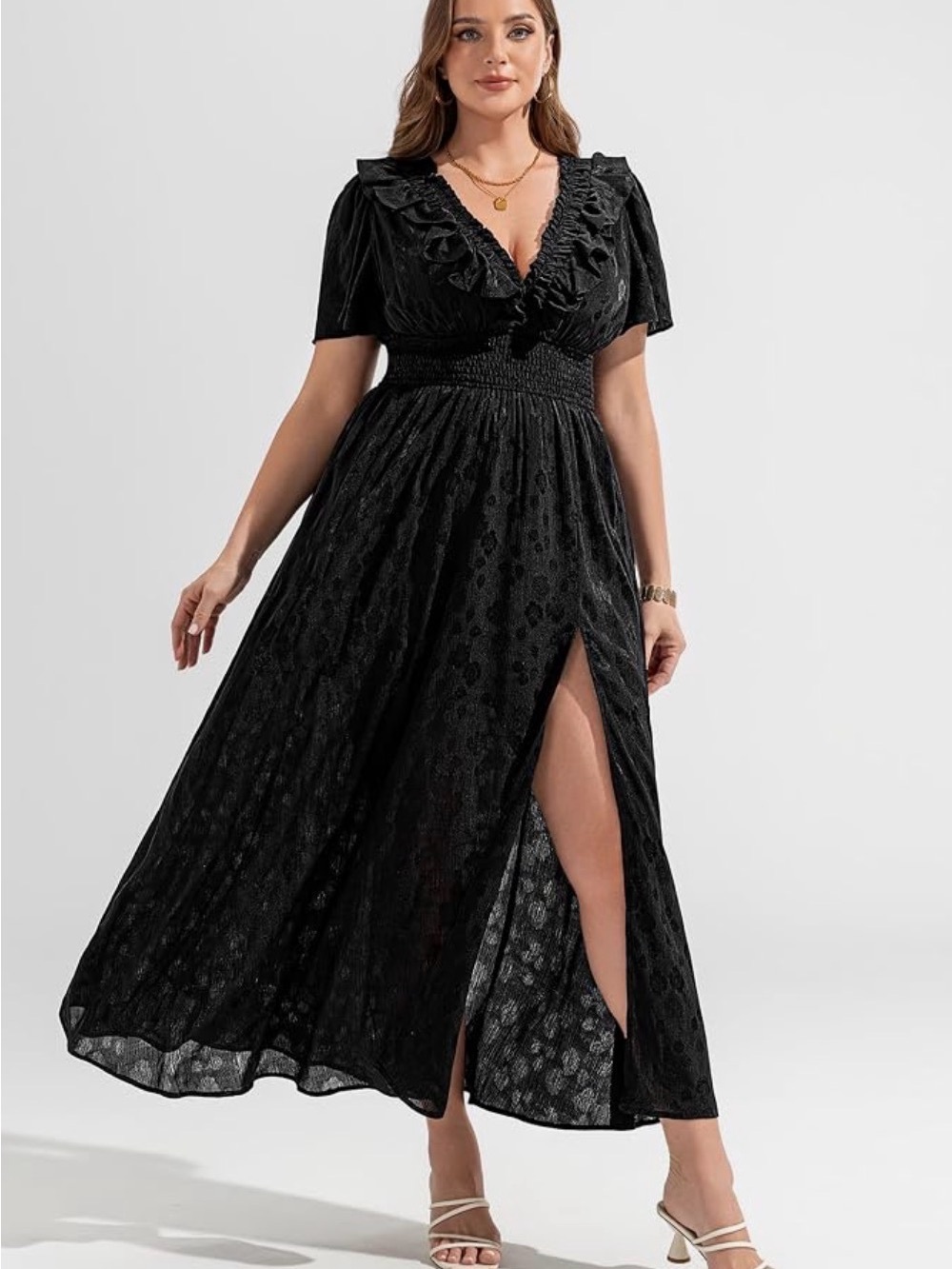 Black Ruffle V-Neck Maxi Dress with Side Slit